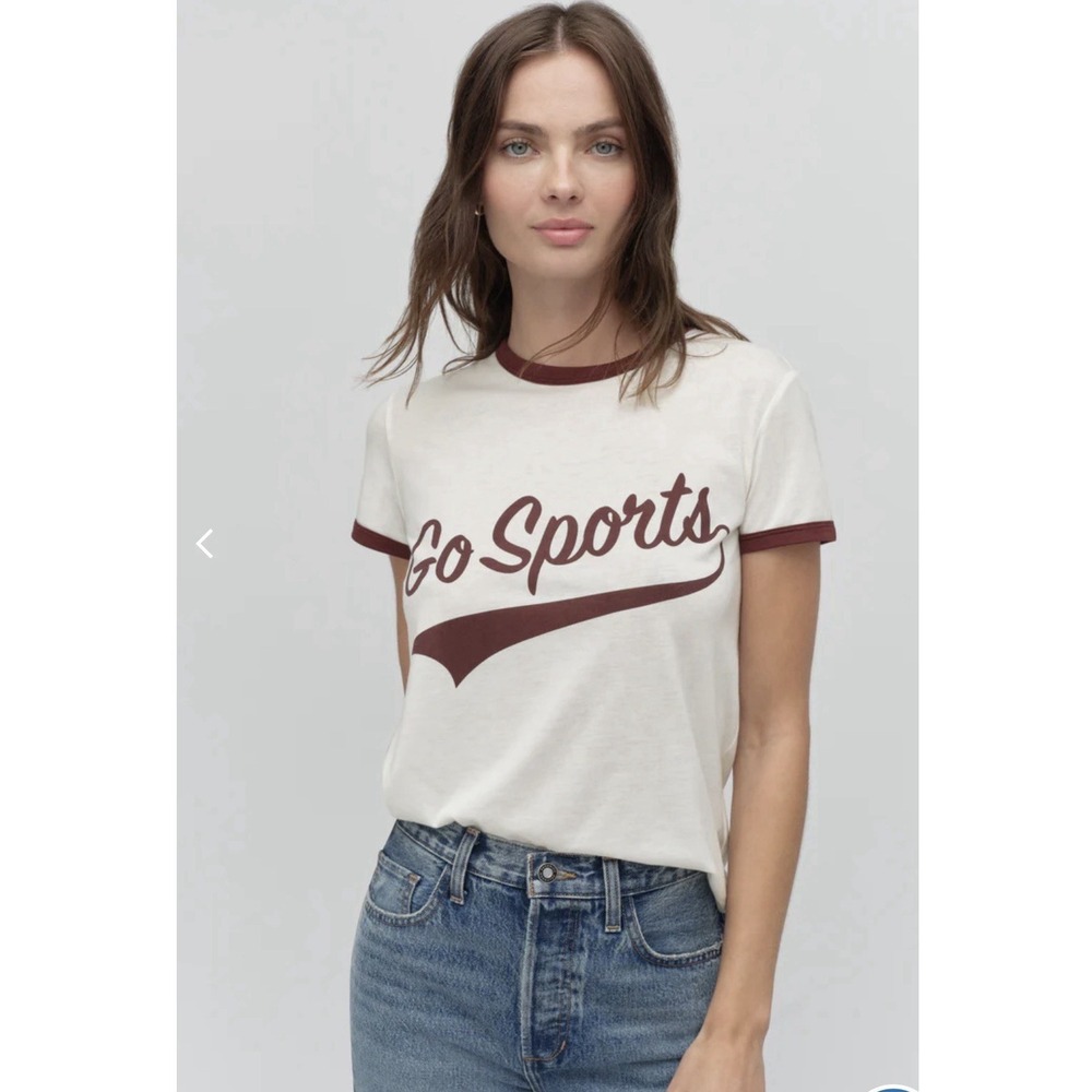 Favorite Daughter Go Sports Ringer Tee Shirt Women's Size XL Cream Maroon Retro